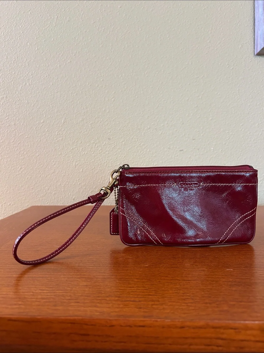 Coach Patent Leather Wristlet Clutch in Deep Burgundy